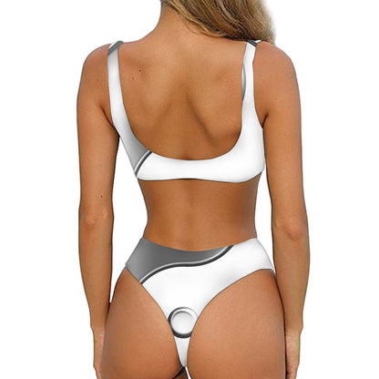 Sliver And White Yin Yang Print Front Bow Tie Bikini