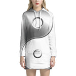 Sliver And White Yin Yang Print Pullover Hoodie Dress