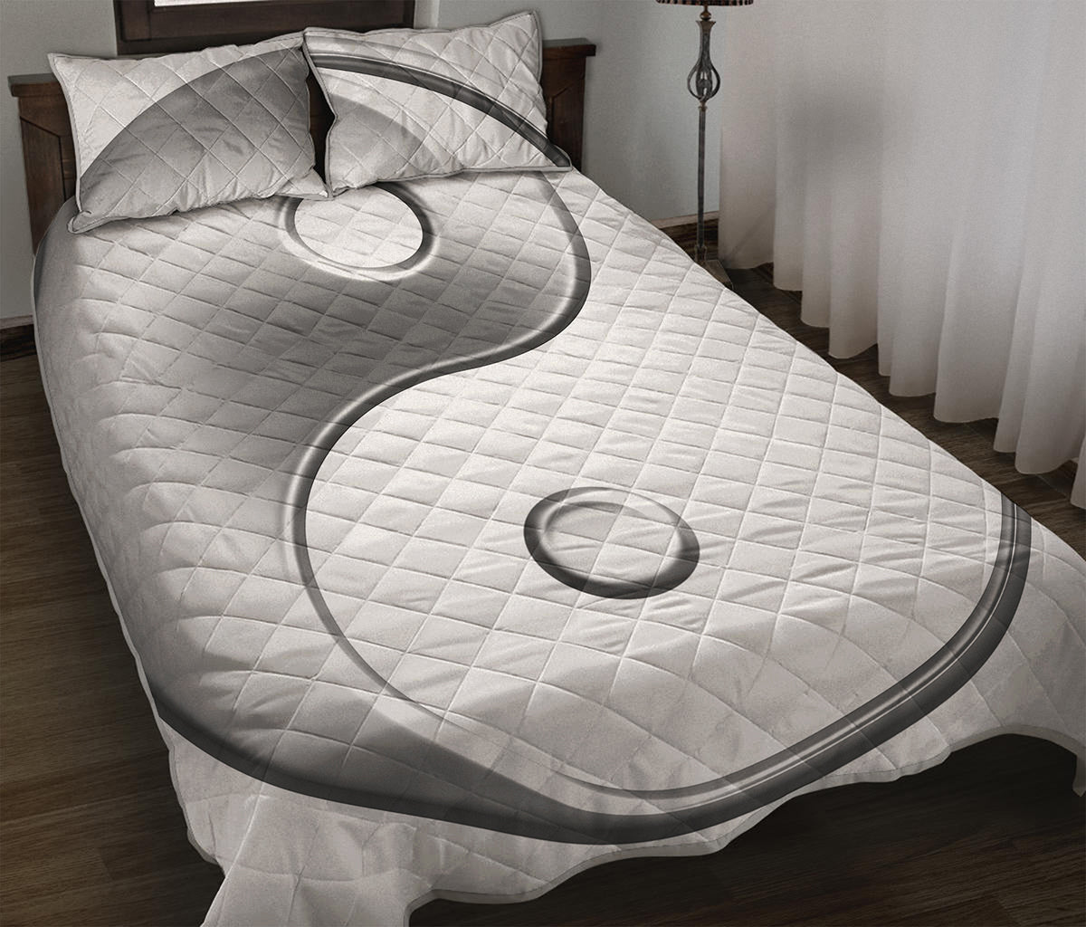 Sliver And White Yin Yang Print Quilt Bed Set