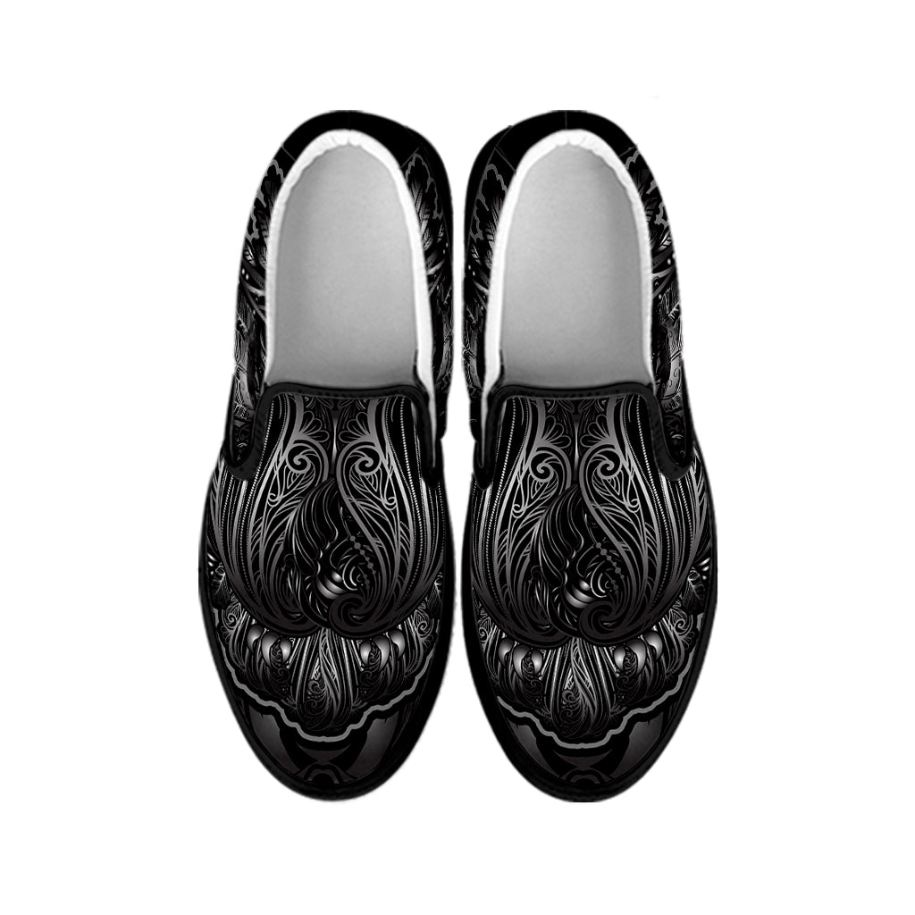 Sliver Spiritual Owl Print Black Slip On Shoes