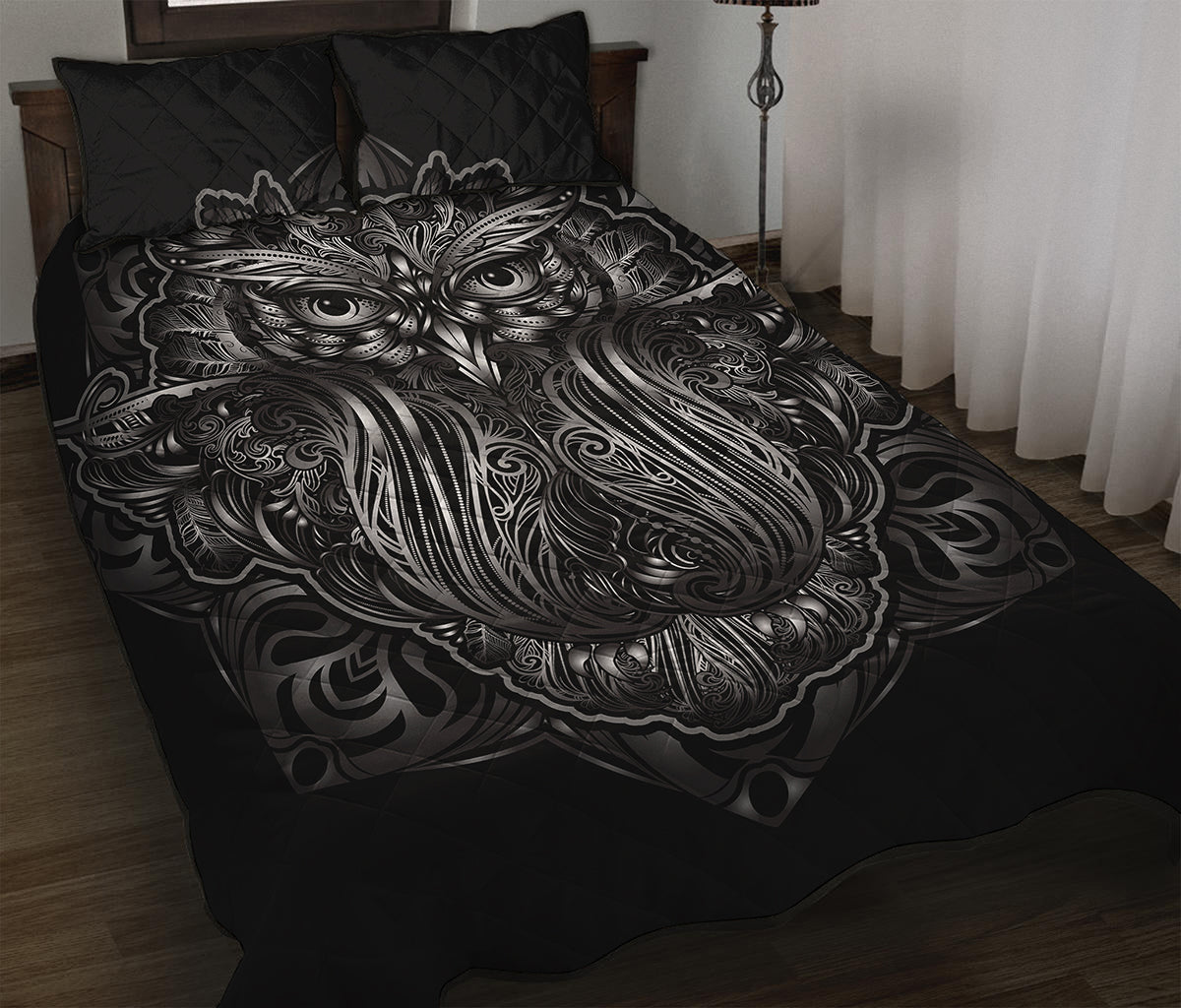 Sliver Spiritual Owl Print Quilt Bed Set