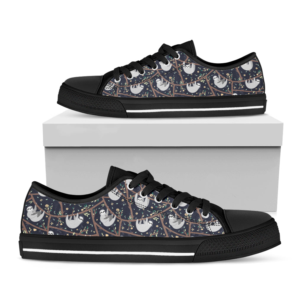 Sloth Family Pattern Print Black Low Top Shoes