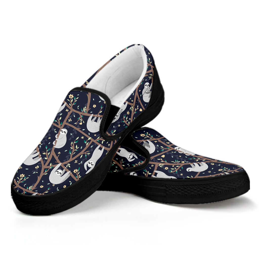 Sloth Family Pattern Print Black Slip On Shoes