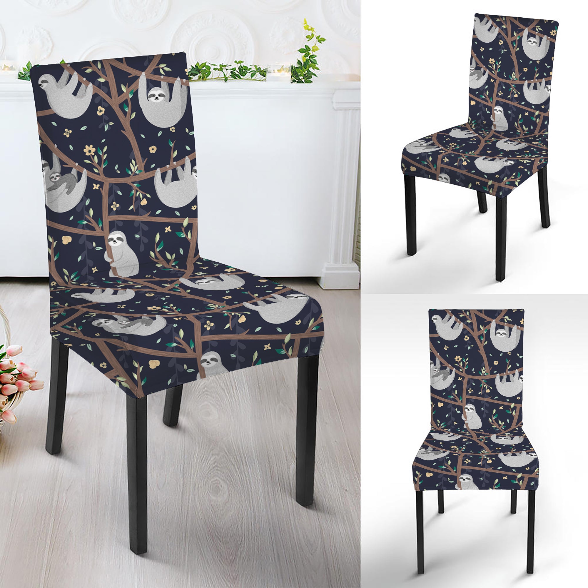 Sloth Family Pattern Print Dining Chair Slipcover