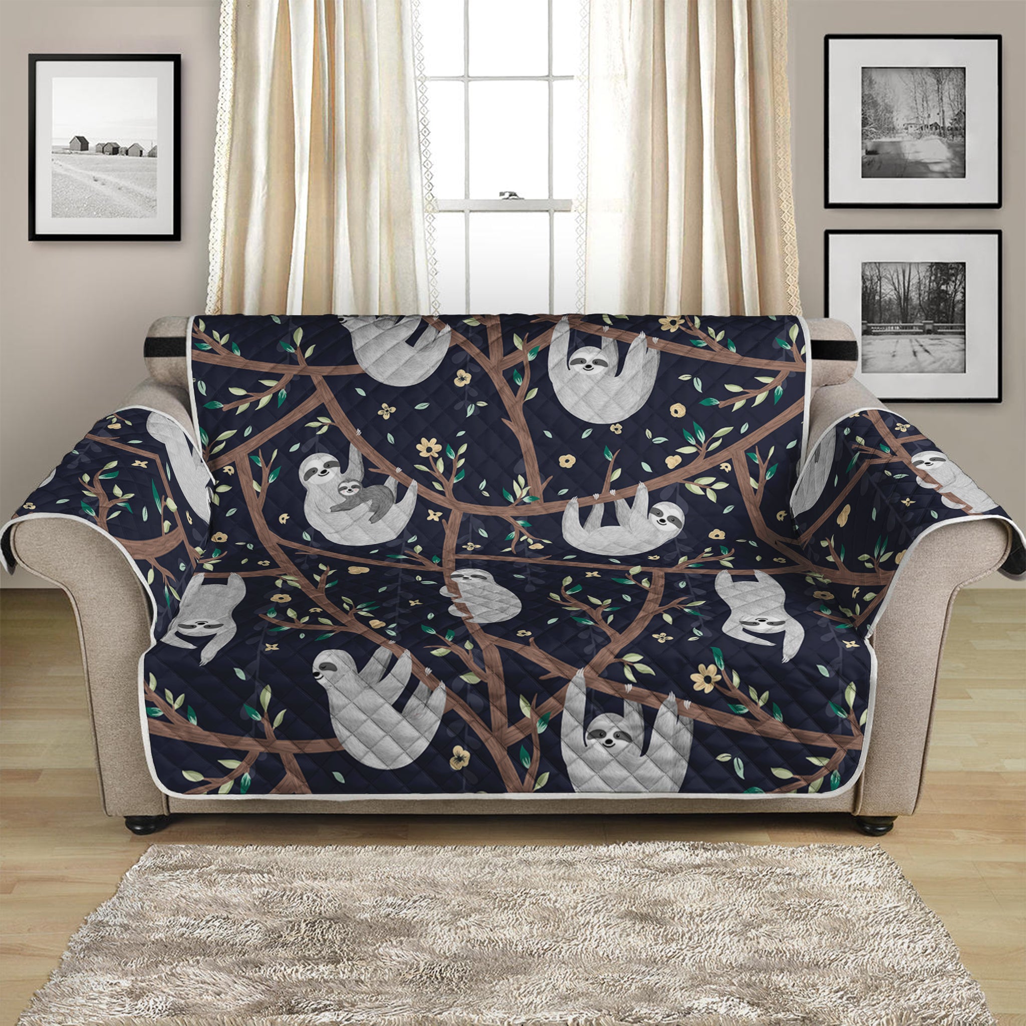 Sloth Family Pattern Print Loveseat Protector