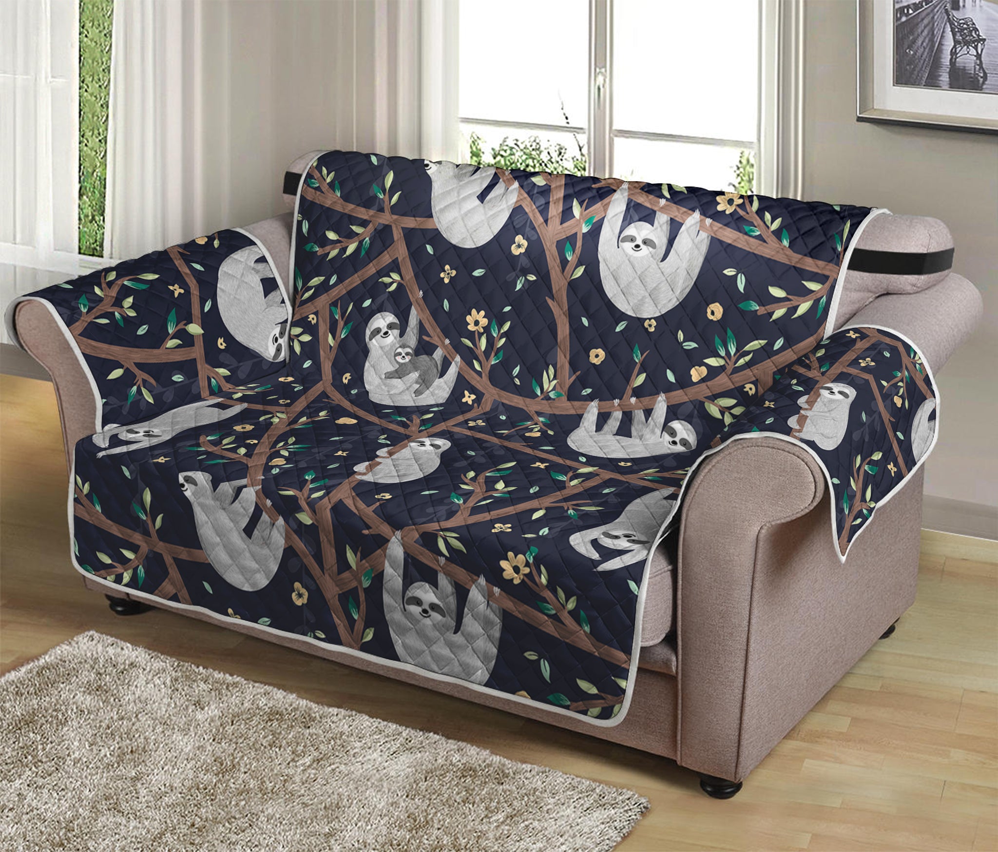 Sloth Family Pattern Print Loveseat Protector