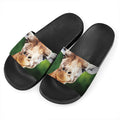 Smiley Face Giraffe Print Black Slide Sandals