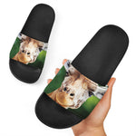 Smiley Face Giraffe Print Black Slide Sandals