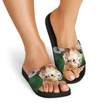 Smiley Face Giraffe Print Black Slide Sandals