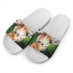 Smiley Face Giraffe Print White Slide Sandals
