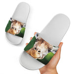 Smiley Face Giraffe Print White Slide Sandals