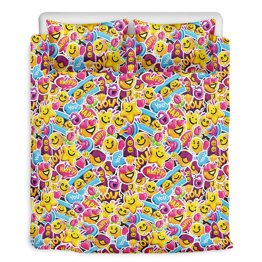 Smiley Faces Emoji Pattern Print Duvet Cover Bedding Set