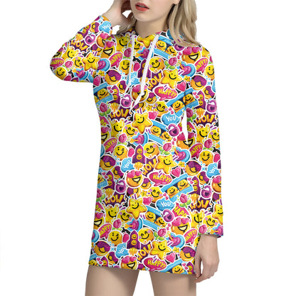 Smiley Faces Emoji Pattern Print Hoodie Dress