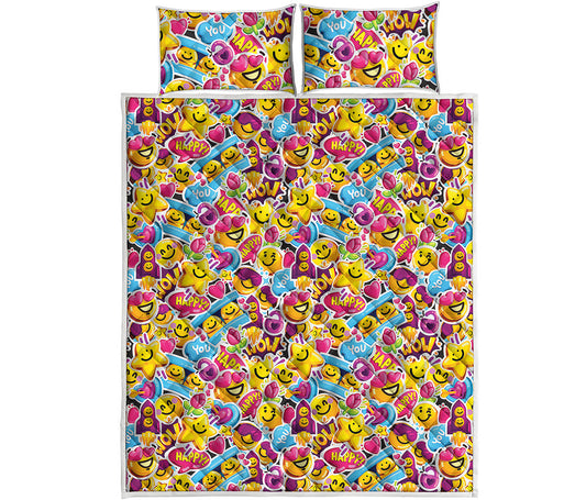 Smiley Faces Emoji Pattern Print Quilt Bed Set