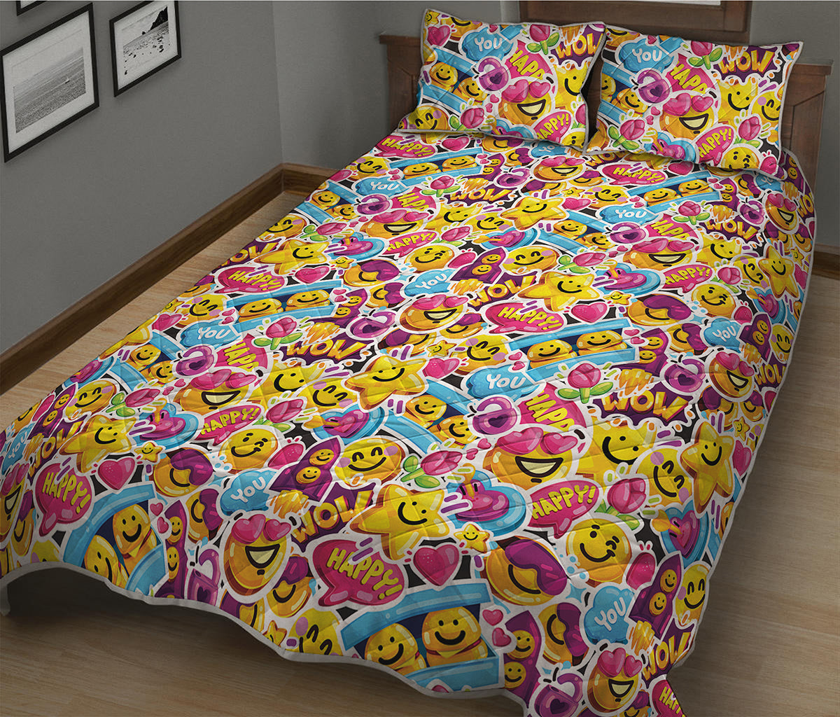 Smiley Faces Emoji Pattern Print Quilt Bed Set