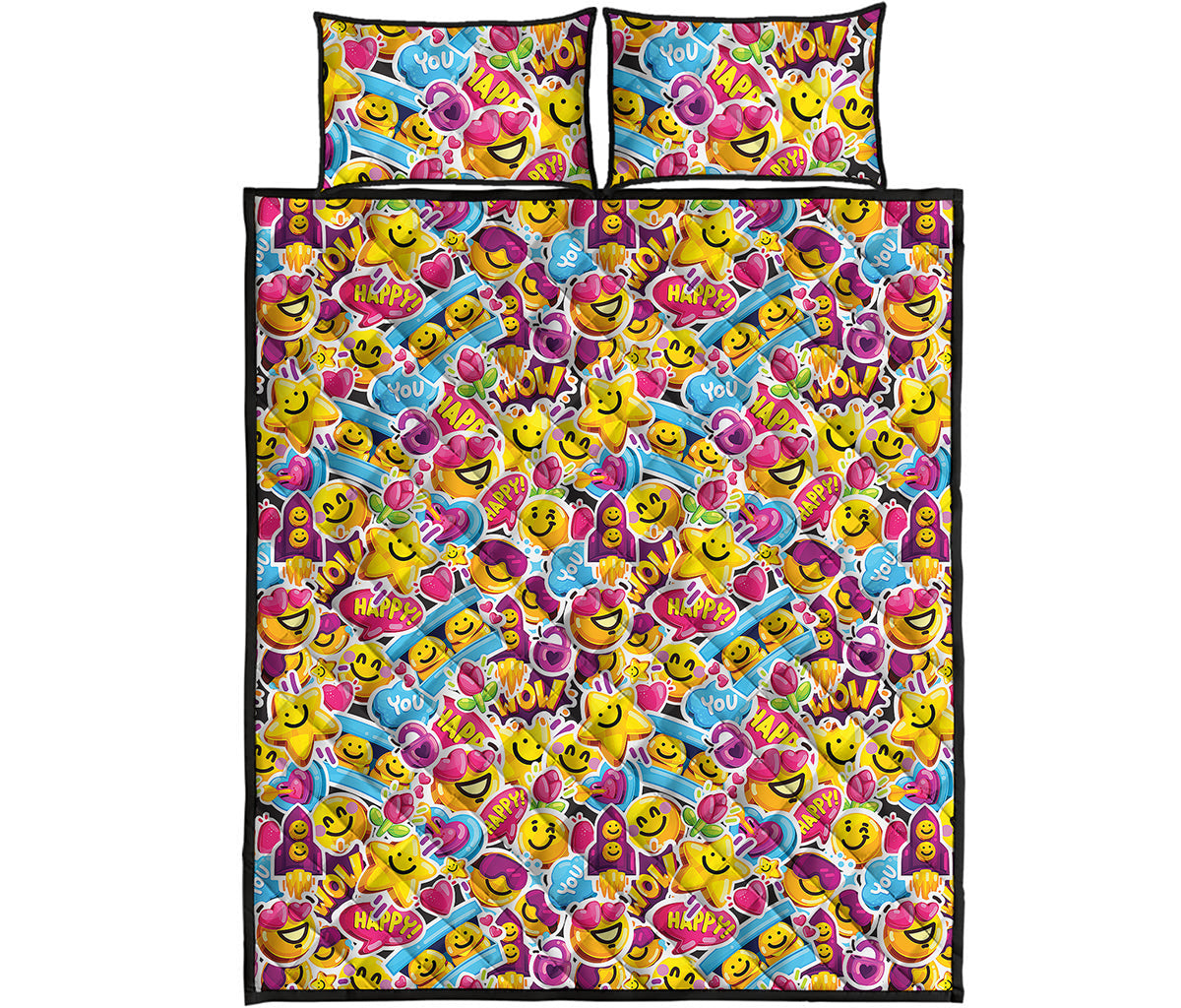 Smiley Faces Emoji Pattern Print Quilt Bed Set