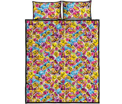 Smiley Faces Emoji Pattern Print Quilt Bed Set