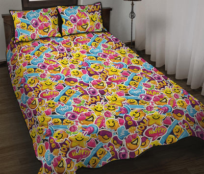 Smiley Faces Emoji Pattern Print Quilt Bed Set