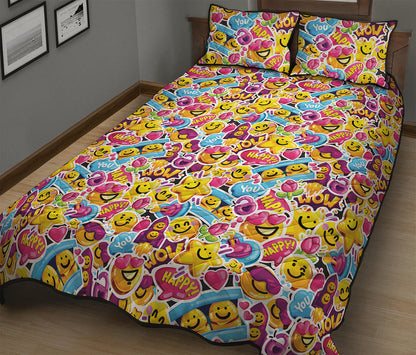 Smiley Faces Emoji Pattern Print Quilt Bed Set