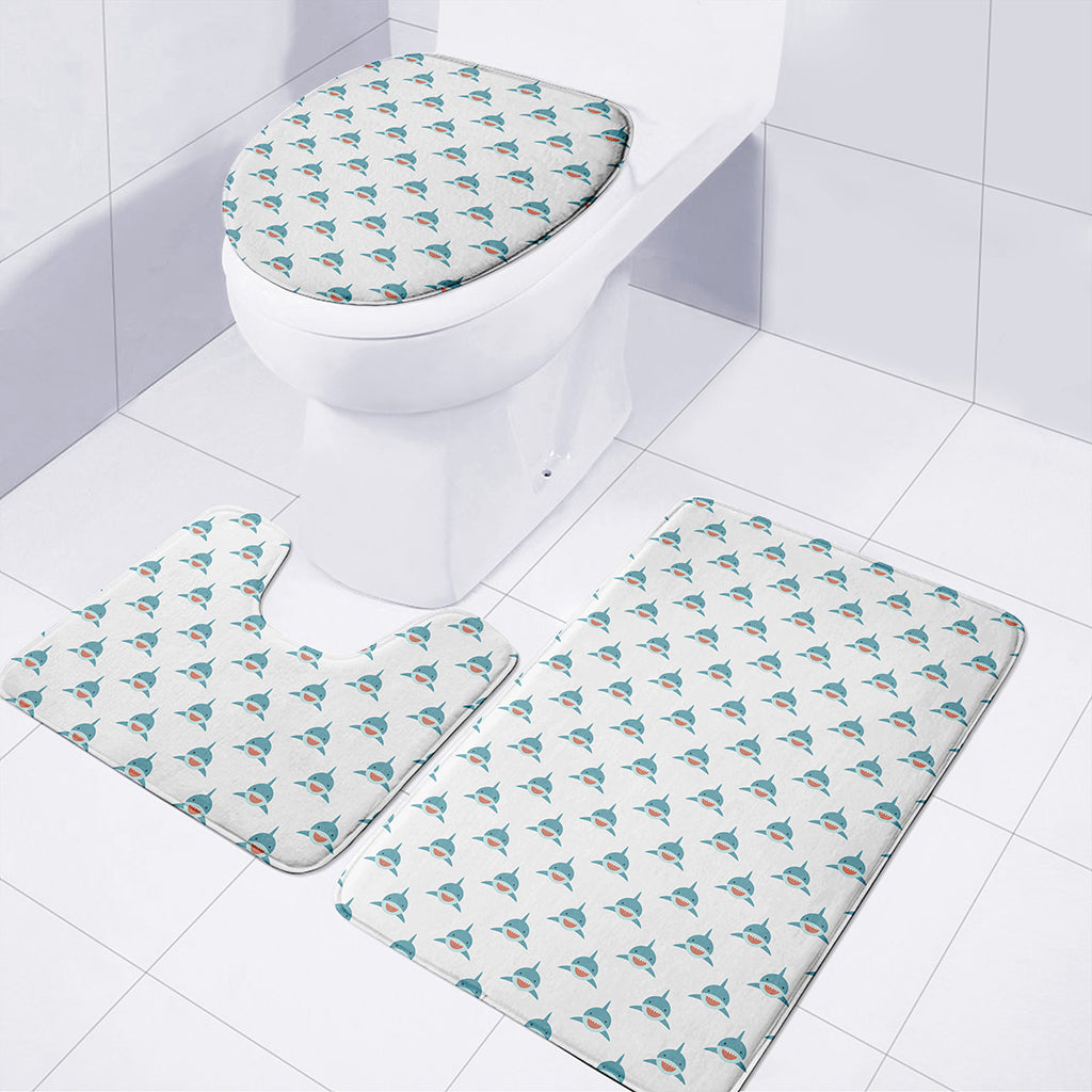 Smiley Shark Pattern Print 3 Piece Bath Mat Set