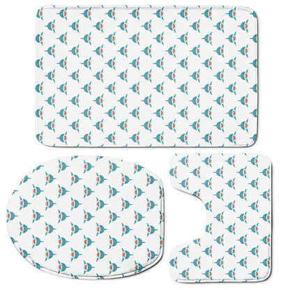 Smiley Shark Pattern Print 3 Piece Bath Mat Set