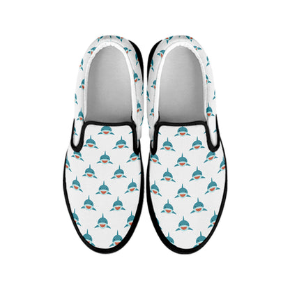 Smiley Shark Pattern Print Black Slip On Shoes