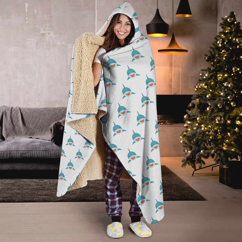 Smiley Shark Pattern Print Hooded Blanket
