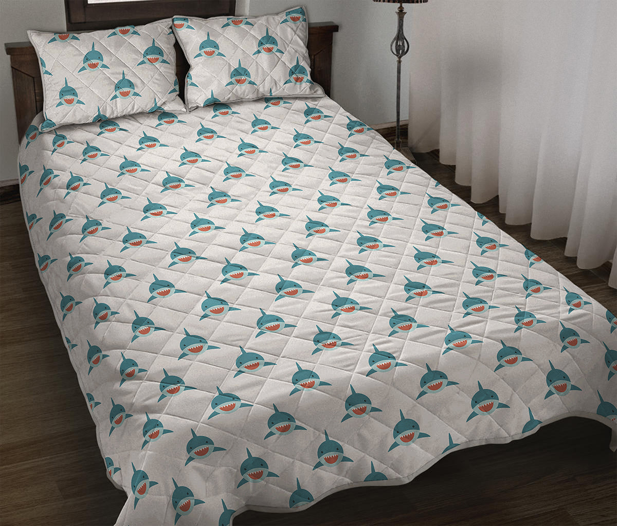 Smiley Shark Pattern Print Quilt Bed Set