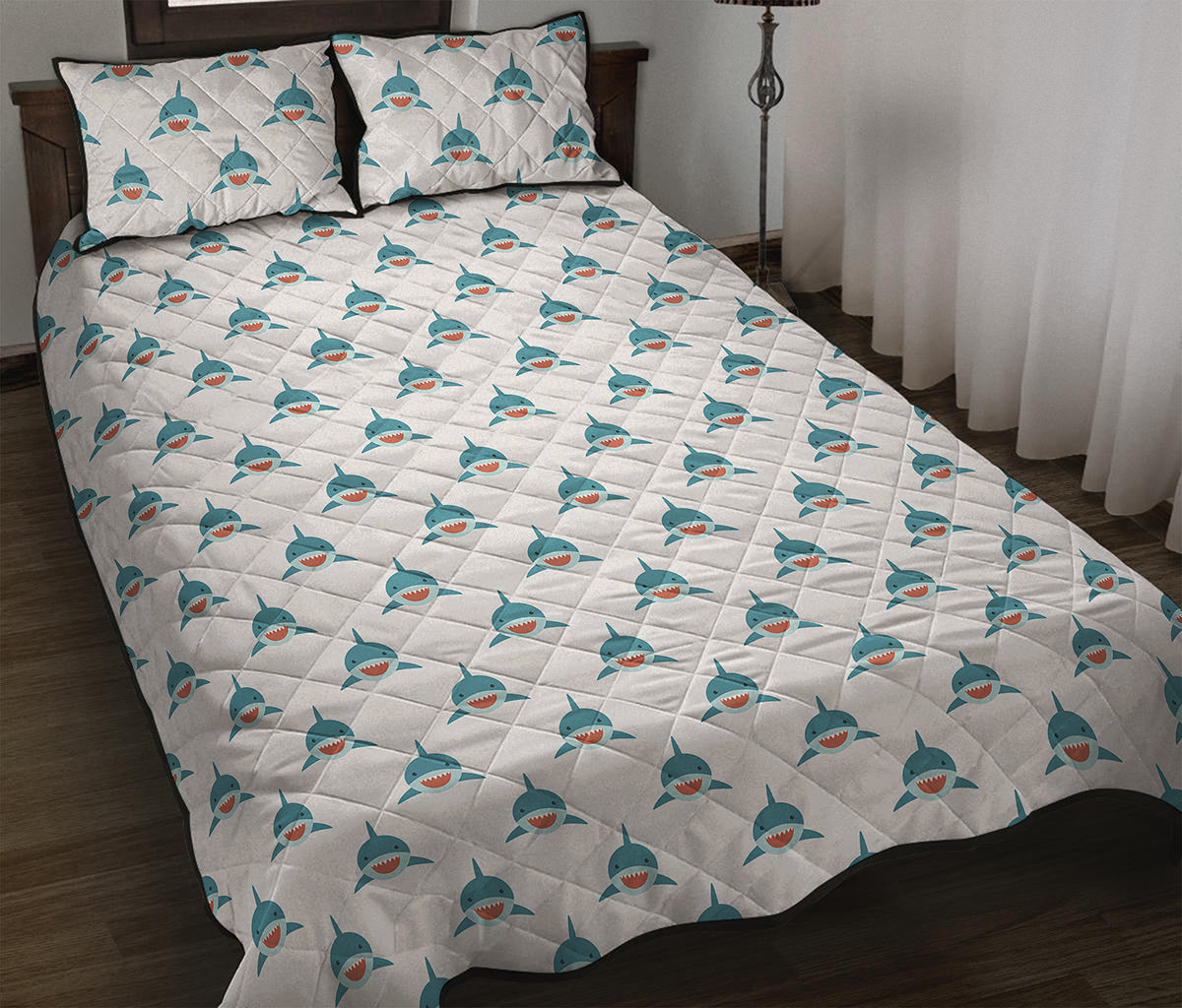 Smiley Shark Pattern Print Quilt Bed Set