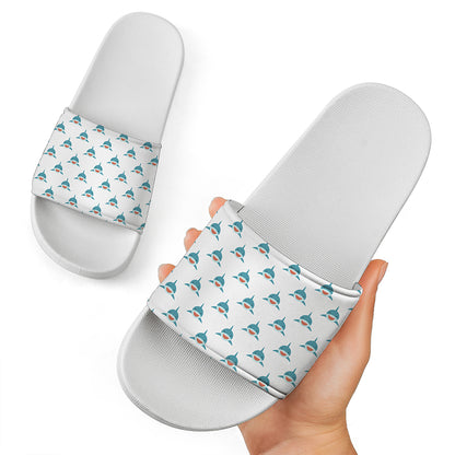 Smiley Shark Pattern Print White Slide Sandals
