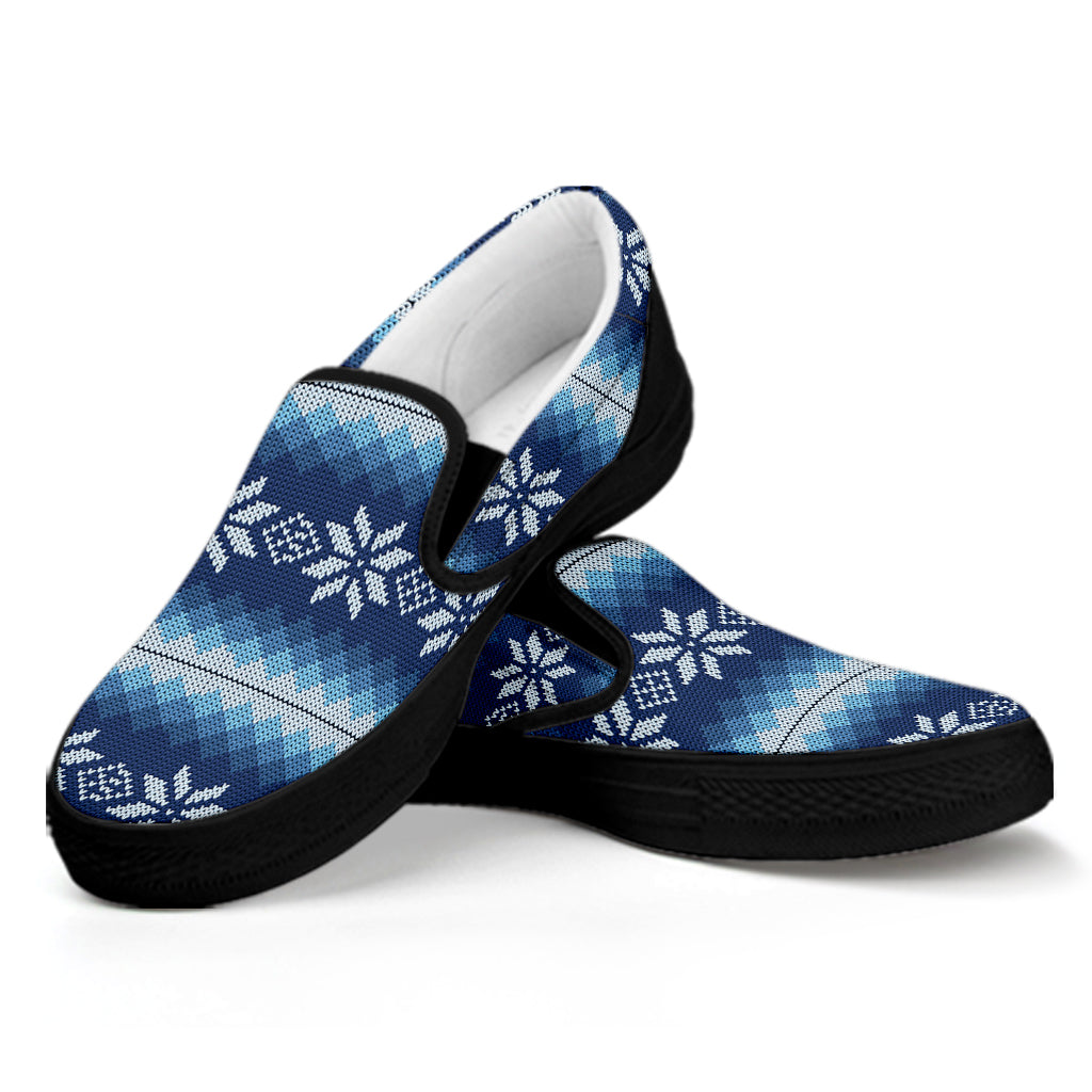 Snow Flower Knitted Pattern Print Black Slip On Shoes