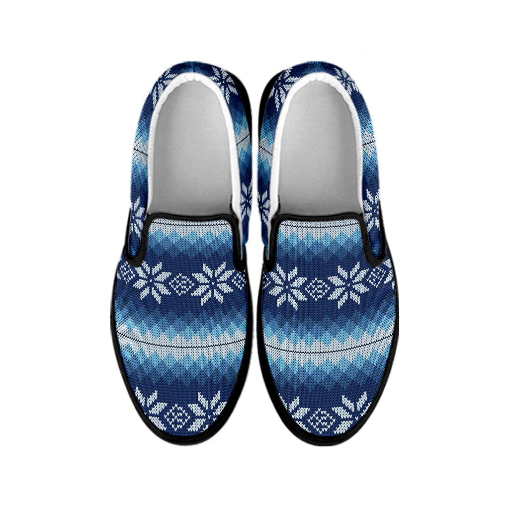 Snow Flower Knitted Pattern Print Black Slip On Shoes