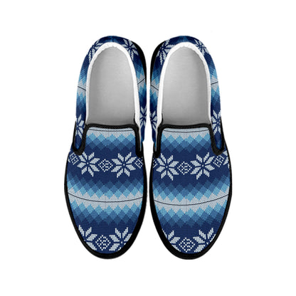 Snow Flower Knitted Pattern Print Black Slip On Shoes