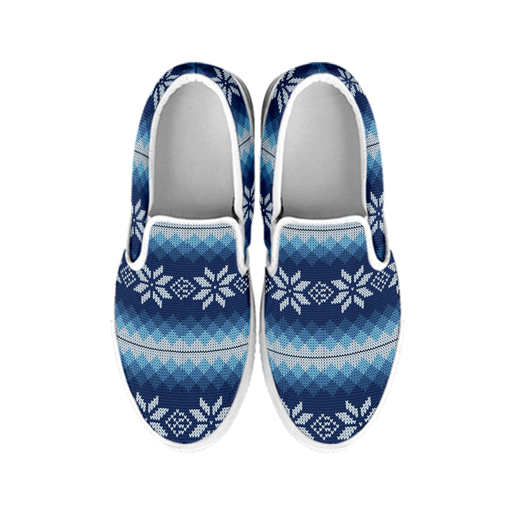Snow Flower Knitted Pattern Print White Slip On Shoes