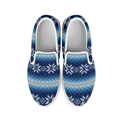 Snow Flower Knitted Pattern Print White Slip On Shoes