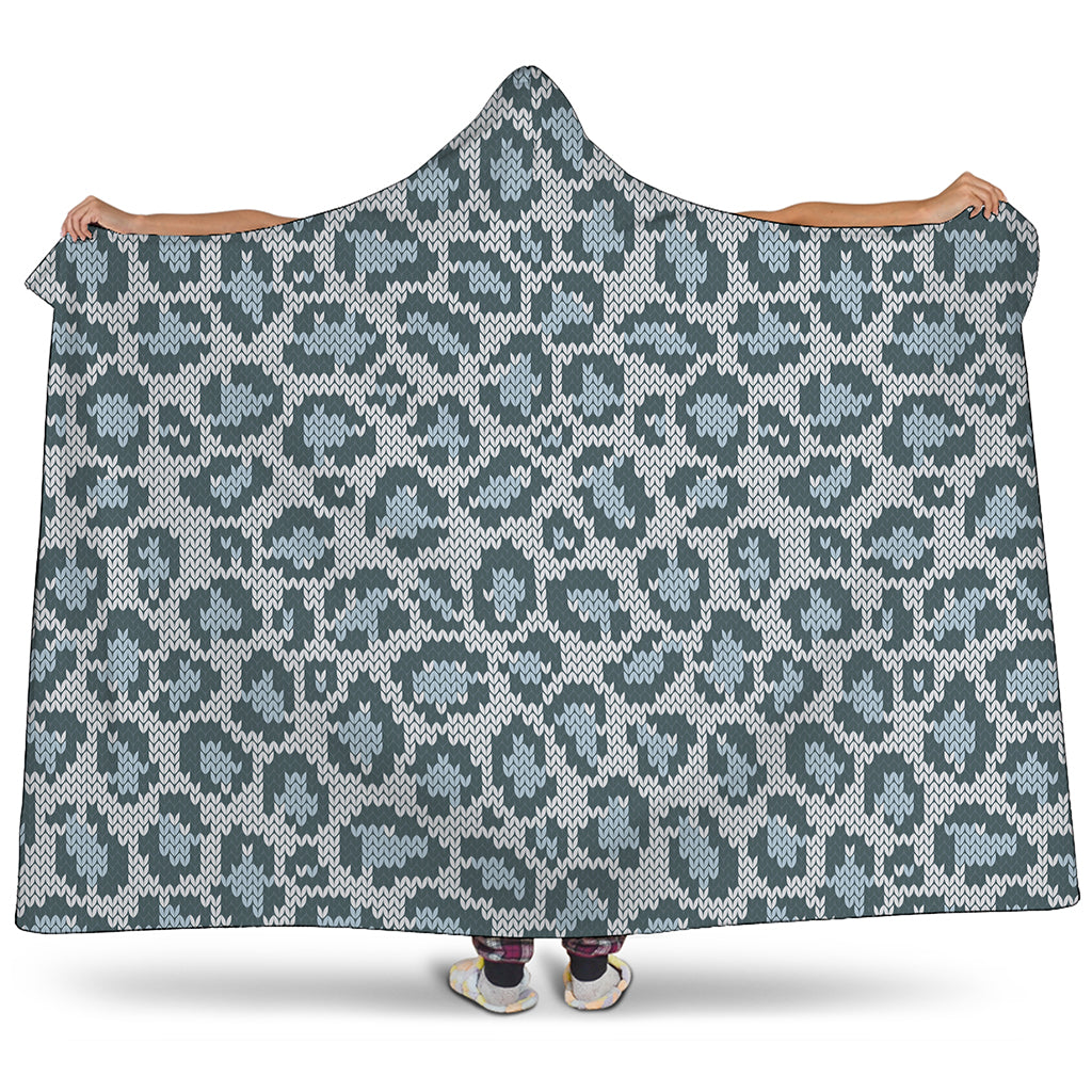 Snow Leopard Knitted Pattern Print Hooded Blanket