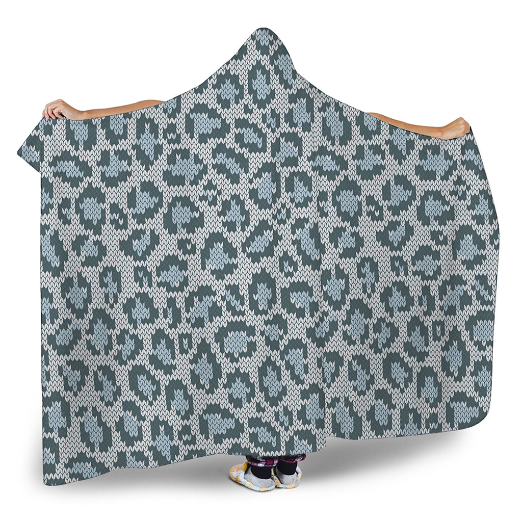 Snow Leopard Knitted Pattern Print Hooded Blanket