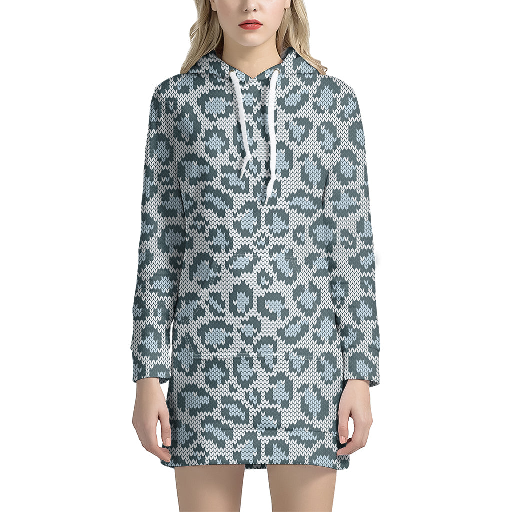 Snow Leopard Knitted Pattern Print Hoodie Dress