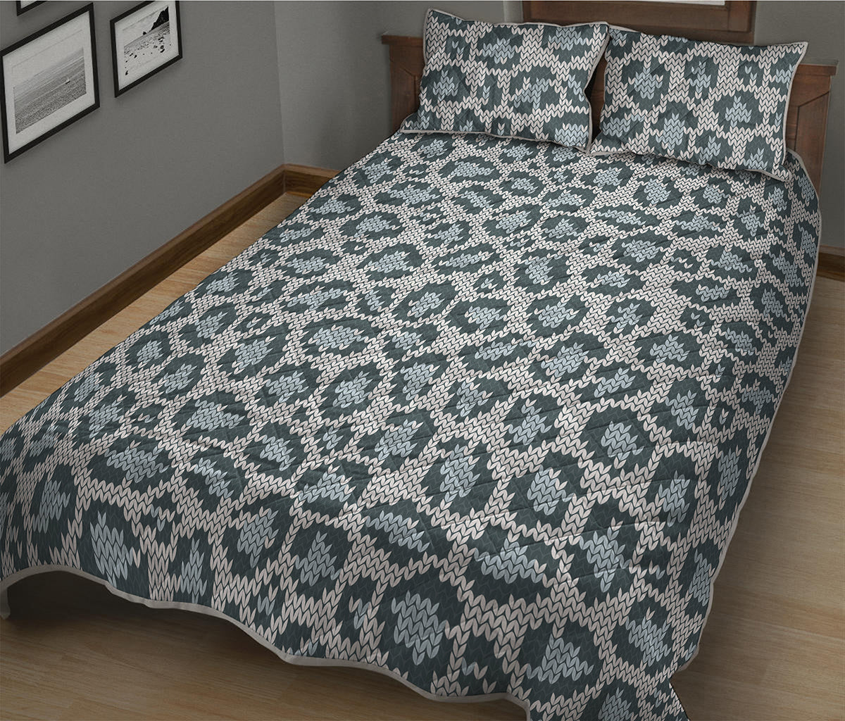 Snow Leopard Knitted Pattern Print Quilt Bed Set