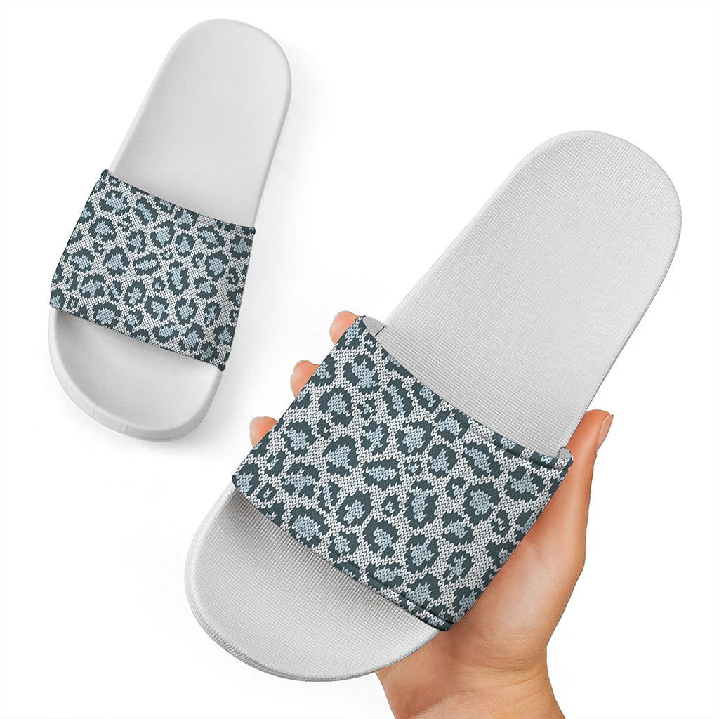 Snow Leopard Knitted Pattern Print White Slide Sandals