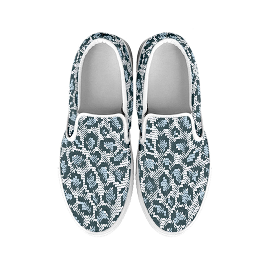 Snow Leopard Knitted Pattern Print White Slip On Shoes
