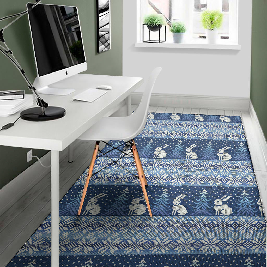 Snow Rabbit Knitted Pattern Print Area Rug