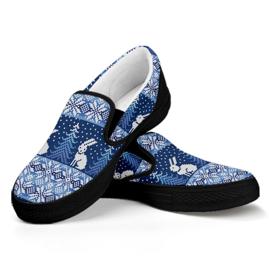Snow Rabbit Knitted Pattern Print Black Slip On Shoes