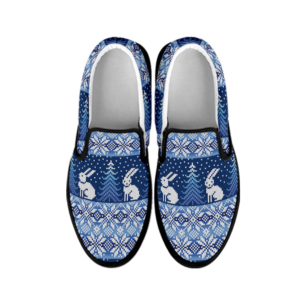 Snow Rabbit Knitted Pattern Print Black Slip On Shoes