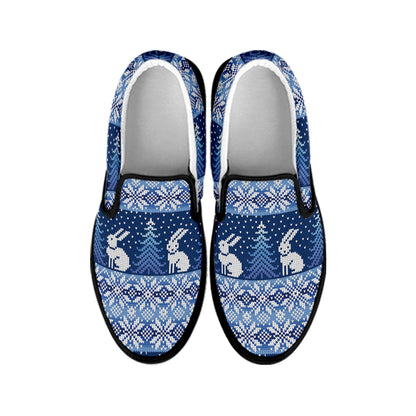 Snow Rabbit Knitted Pattern Print Black Slip On Shoes