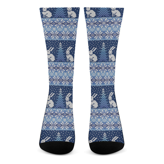 Snow Rabbit Knitted Pattern Print Crew Socks