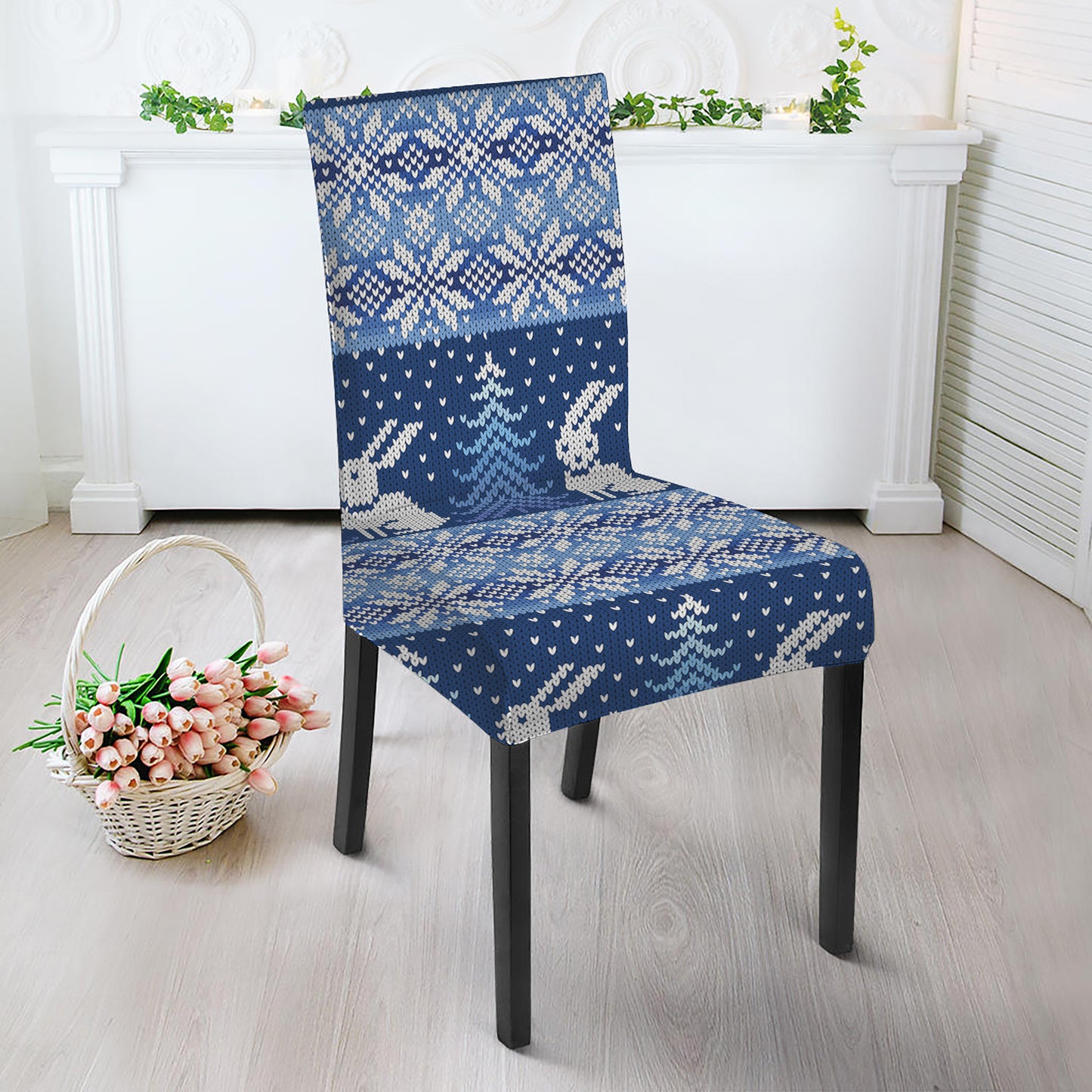 Snow Rabbit Knitted Pattern Print Dining Chair Slipcover