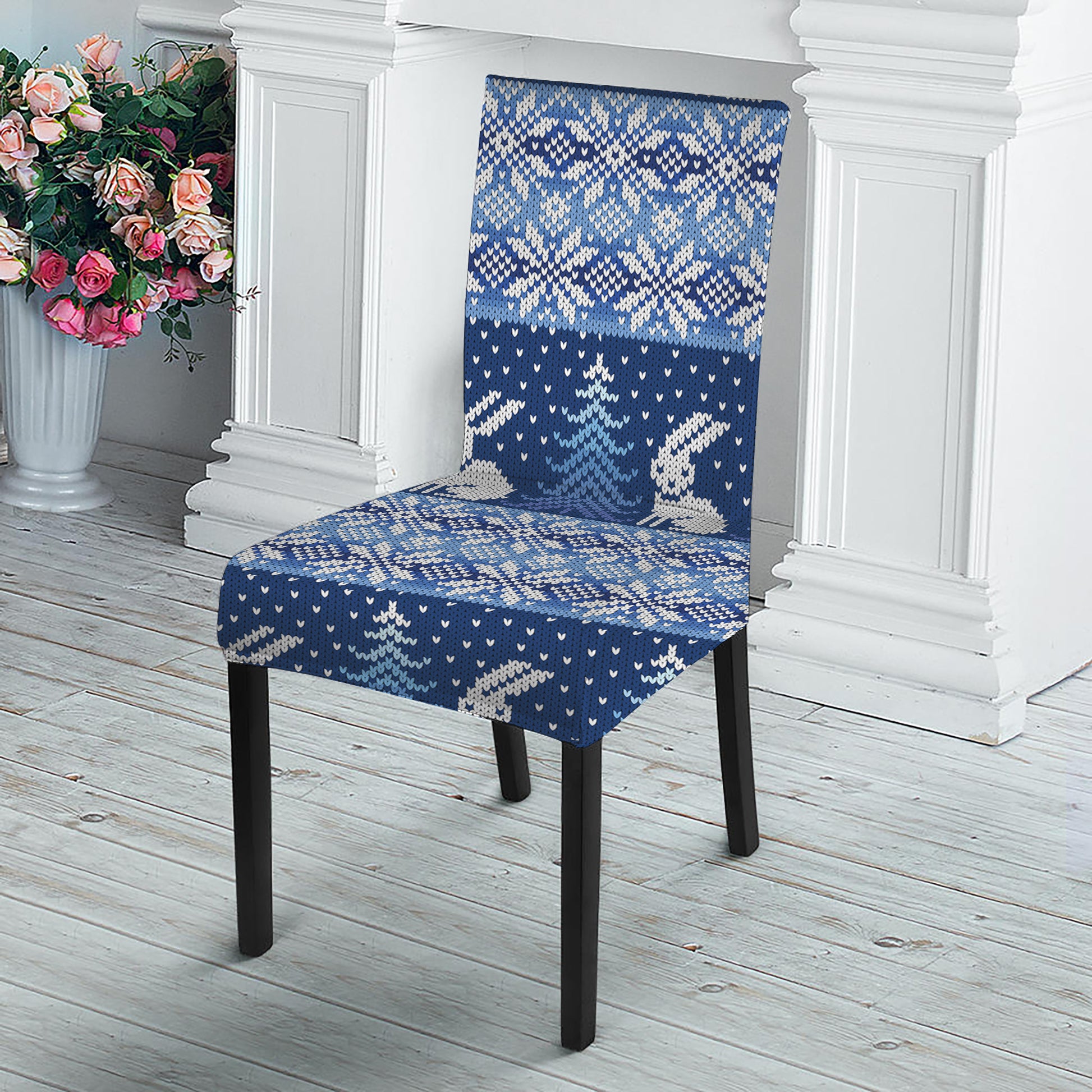 Snow Rabbit Knitted Pattern Print Dining Chair Slipcover