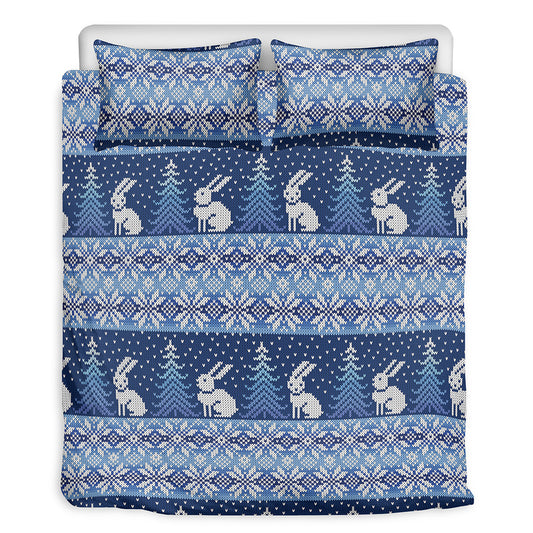 Snow Rabbit Knitted Pattern Print Duvet Cover Bedding Set