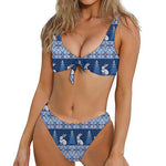 Snow Rabbit Knitted Pattern Print Front Bow Tie Bikini